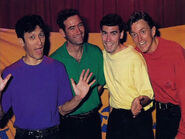 Dark grape, green, yellow, crimson (NOTE: Greg's shirt looks whitish.)