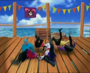 The Wiggles and Captain Feathersword falling down