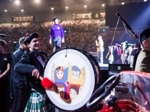 Dominic playing the bass drum