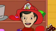 Cartoon Murray wearing a fireman's hat