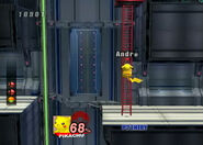 Pikachu climbing the red ladder after the gap in the third part of the Research Facility (Part 2).