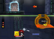 Pikachu on an orange circle with its platform about to jump to the floor with the Door in the third part of the Research Facility (Part 2).