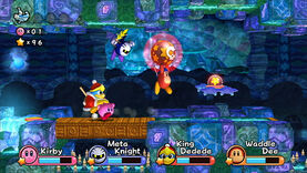 The three characters follow Kirby, who is holding a Fireworks Bomb that is in the miss of growing bigger and more powerful. This is in a stage in Onion Ocean.