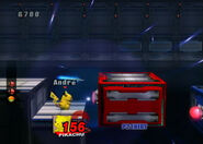 Pikachu near the large gap with the red and blue blocks with two switches on their sides in the third part of The Research Facility (Part 2).