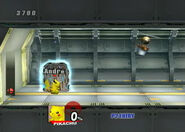 Pikachu in the room as a Buckot hovers away from him in the first part of The Research Facility (Part 2).