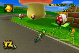 Yoshi heads for a shortcut before the turn circling the large mushroom in Mario Raceway of Mario Kart Wii. Three Piranha Plants can be seen in the picture.