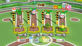 This shows different colored Piranha Plants as they appear in Piranha Panic of Mario Super Sluggers. Therefore, Tiny Kong, Koopa Troopa, Kritter, and a Yellow Pianta are competing against each other in this minigame.