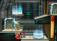 Samus at the Door in the teleporter part of the Research Facility (Part 2) with the gate and two teleporters.