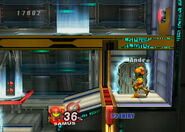 Samus at the door of the room in the teleporter part with the gate and two teleporters. This is in the Research Facility (Part 2).