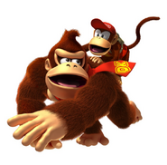 Donkey Kong running with Diddy Kong on his back.