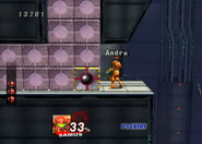 Samus near the Bomb Block of the third part of the Research Facility (Part 2).