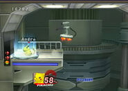 Pikachu near the teleporter at the top of the room with the springs, while a R.O.B. Blaster prepares to fire lasers at him. This is in the teleporter part of the Research Facility (Part 2).