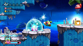 Spark Kirby attacks a Blade Knight in a stage. A Bouncy (pink springy toy) above a Star Block can be seen ahead.