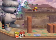 Lucas jumping over stacked logs while avoiding the Pig King Statue.