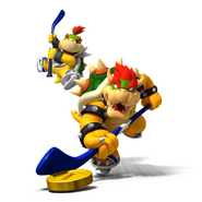 Bowser with the hockey puck, while Bowser Jr. aids him.