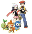 Dawn and Lucas along with the three starter pokemon.