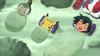 Ash, Pikachu, and Iris' Axew relaxing in the sand.