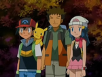Ash and Pikachu with Dawn and Brock.