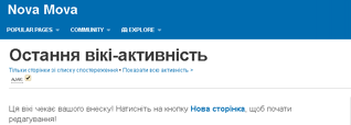 Приклад покинутої вікі — пуста «Недавня вікі активність»