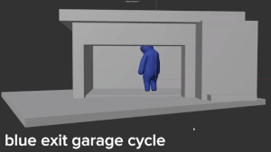 Blue leaving the garage.