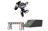 Spitball jumps between the orange-white rail and a small set of stairs, holding his skateboard free-handed.