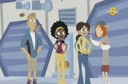 All of the Wild Kratts team except Chris in front of the garage hatch door