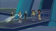 "Aww, how sweet!", the Wild Kratts (from left to right: Chris, Jimmy with the flashlight, Martin, Aviva, and Koki) are thinking.