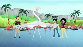 Martin in a white flamingo power suit