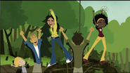 The Wild Kratts get ready for a creature rescue; from left to right: Aidan, Martin, Aviva, Chris and Koki.