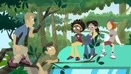 Happy ending for the Wild Kratts and the spiders, from left to right: Martin, Chris, Koki, Aviva, and Jimmy.