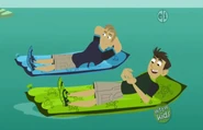 Chris, and Martin are lying on floaties with turtles (Chris) and fishes (Martin).