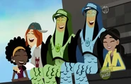 Happy ending: All of the Wild Kratts (from left to right: Koki, Jimmy, Chris in Falcon Power, Martin in Falcon Power and Aviva) are happily laughing, and the falcon chick is saved.