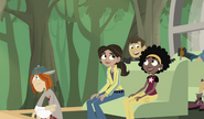 From left to right: Jimmy (agonized by mosquitoes), Aviva (sitting), Chris (behind the bench Aviva and Koki are sitting on), Koki (sitting) and Martin (only partially visible)