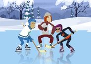 From left to right: Martin, Jimmy, and Donita Donata playing pond hockey