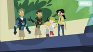 Chris, Martin, Aviva, Gavin, and Ronan are standing on a shelf in the Wild Kratts kids's room.