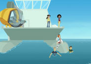 Chris and Martin in front of the Wild Kratts' research vessel