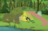 Enlarged Tuba trying to eat Chris in his Bullfrog Power Suit