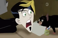 Zach is getting scared by a tasmanian devil.