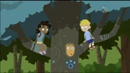 Wild Kratts kids Ronan and Jenny are sitting on two branches of Oak Martin.