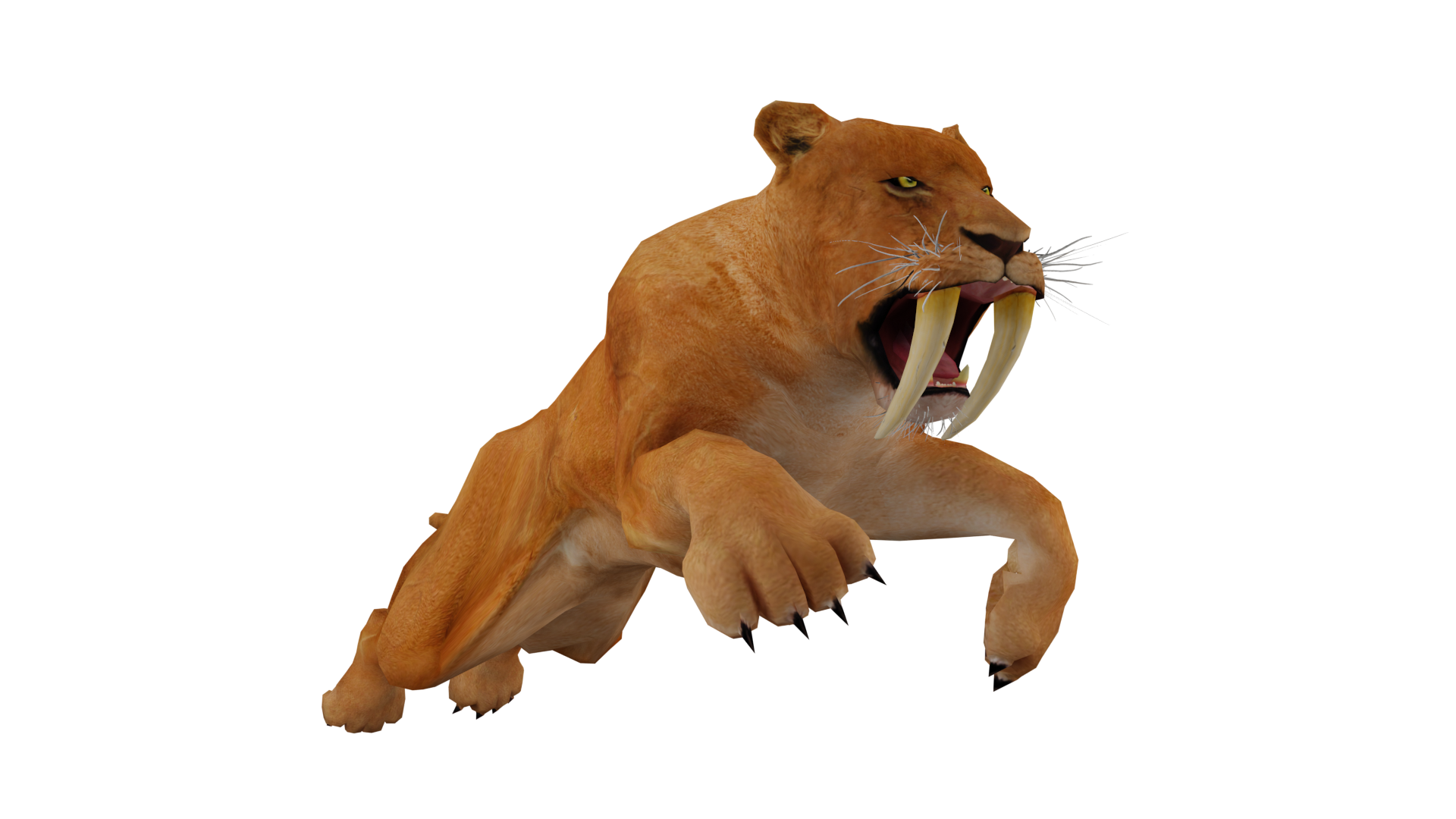 scietifically accurate photographic depiction representation of Smilodon  fatalis (saber tooth cat) a big megafauna prehistoric feline with elongated  fangs and panther spots pattern