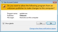 310px-Windows 7 UAC.png (37 KB) A UAC prompt in Windows 7 warning the user of an unknown publisher.