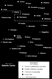 Vega Sector in 2654. Upper part is Kilrathi space, lower part is Confed space.