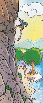 Bloom meeting up with Jordan as he climbs up a cliffside.