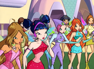 One of the two times Flora is wearing earrings despite being in her Winx form. She is also missing eyebrows.
