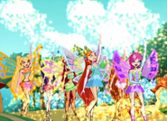 The Winx miniaturizing themselves to fit inside the houses in Pixie Village.