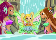 Stella's hair is behind her wings.