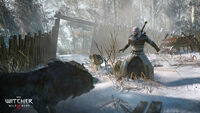 Promo screenshot de Geralt contra alguns lobos.