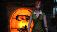 Shani standing by the fire inside the Outskirts Inn in The Witcher