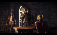 Ves, Vernon Roche and Geralt in interrogation room.