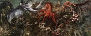 Concept art depicting a fanciful battle, now a fresco adorning one of the walls
